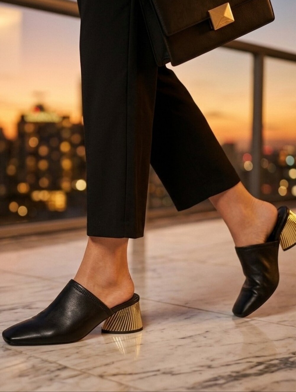 Katy Perry 🖤💛Black Leather Slip-On Mules with Gold Accent Heel - Women's Shoes